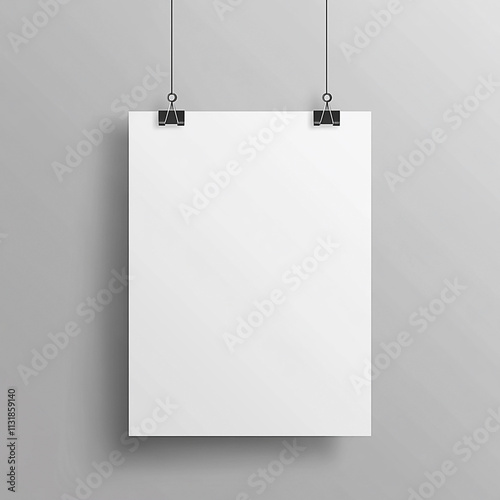 A blank white poster hangs on a gray wall, held by black clips.