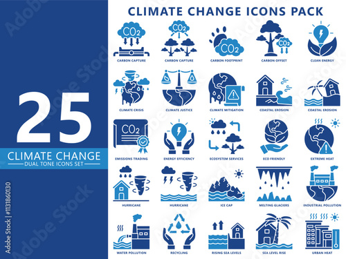 Climate change dual tone icon set, contain pollutions, alternative energy, storm, deforestation, ice cap, carbon and more. vector EPS 10. For UI, UX, app and web development, ecology and environmental