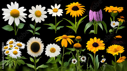 Top view of a set of yellow flowering plants (Common jasmine, Echinacea SunSeekers) isolated on a transparent background photo