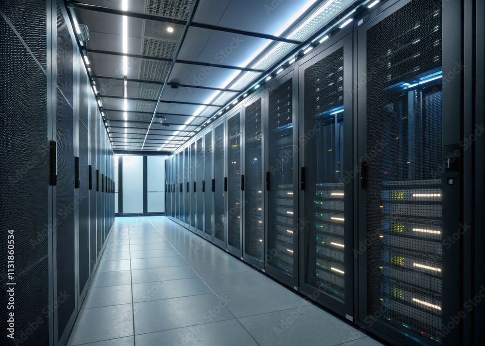 Fototapeta premium modern server room with sleek black server racks, illuminated by cool blue lighting, showcasing advanced technology and efficient data storage in clean, organized environment