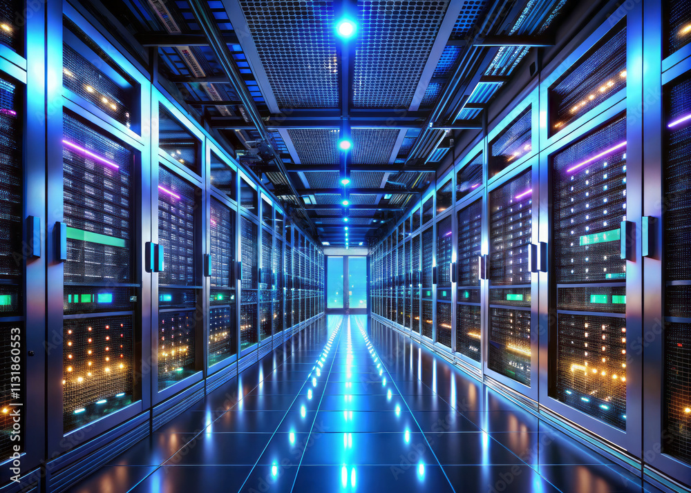Obraz premium futuristic data center with glowing blue and purple lights, showcasing rows of server racks and reflective floor, emphasizing advanced technology and innovation