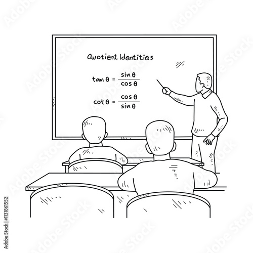 Simple sketch drawing of a  teacher is teaching his students mathematics lessons in a class at school. Education themes in simple sketch concept design vector and good for presentation purpose.