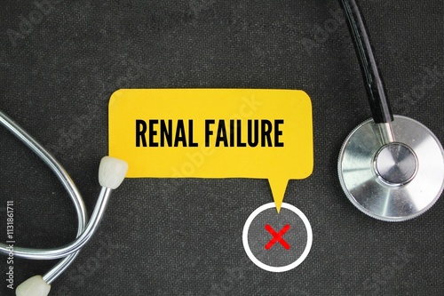 stethoscope and yellow paper with renal failure. a medical condition involving the kidneys failing to adequately filter waste from the blood.