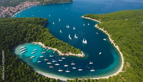 Aerial view of Büyükada Island in Turkey's Princes' Islands, showcasing its lush greenery, historic architecture, and surrounding turquoise waters