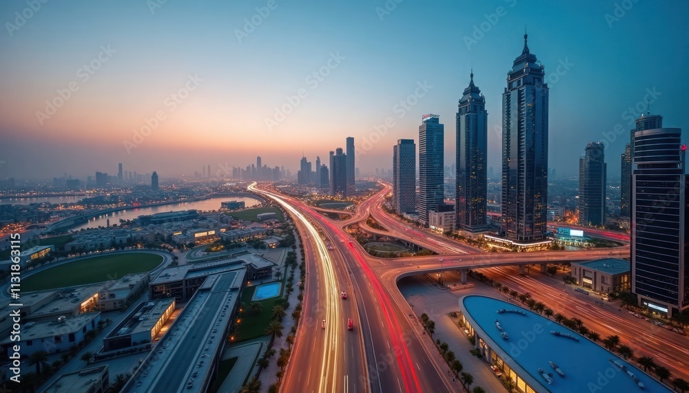 Fototapeta premium Aerial view of modern Dubai city with highway intersection, skyline at sunrise. Busy roads with vehicle light trails. Tall skyscrapers, commercial buildings visible. Urban landscape with urban