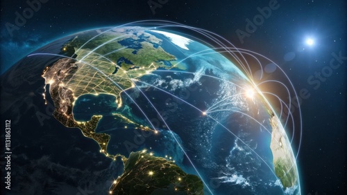 Planet earth rotating in space showing connections between north and south america at night with city lights visible, concept of global business and international communication