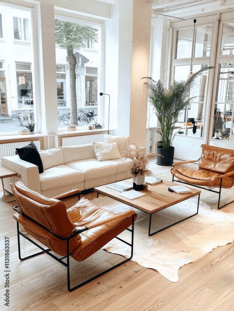 Fototapeta premium Modern Living Room Interior Design with Leather Armchairs and White Sofa