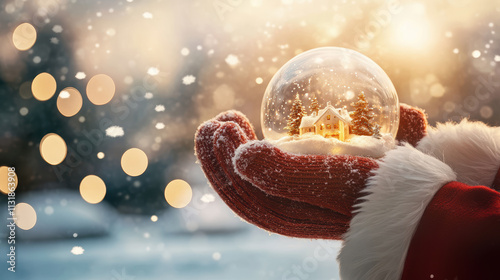 Santa gloved hands hold glowing snow globe with cozy house inside, surrounded by falling snow and warm festive lights, evoking magical holiday atmosphere