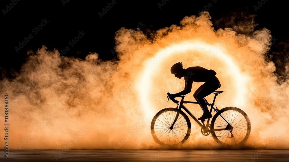 Obraz premium Cyclist Silhouette Dramatic Smoke Glowing Ring Road Bike
