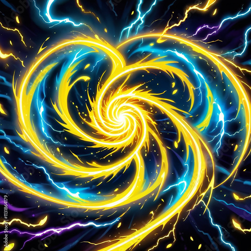 A swirling vortex of yellow and blue energy, surrounded by electric sparks in shades of purple, white, and yellow on a black background.