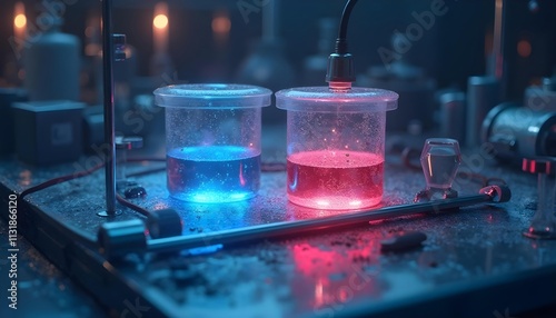Visualizing an electrochemical cell, this should include the cathode where reduction occurs (depict this part in saturated blue). The anode where oxidation occurs should be drawn in dark red.