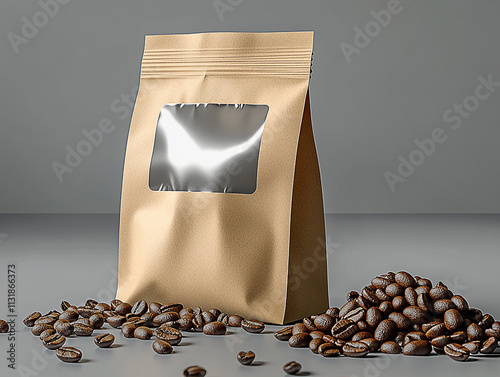A tan paper coffee bag with a window, sitting on a gray surface with scattered coffee beans.