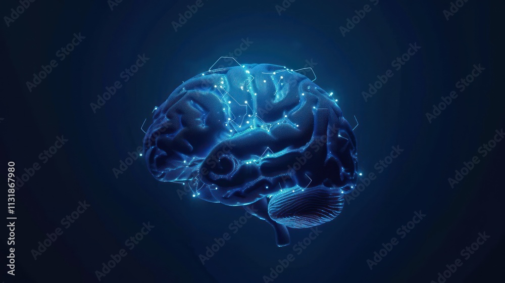 Fototapeta premium 3D human brain with blue glowing circuit patterns, AI generated image