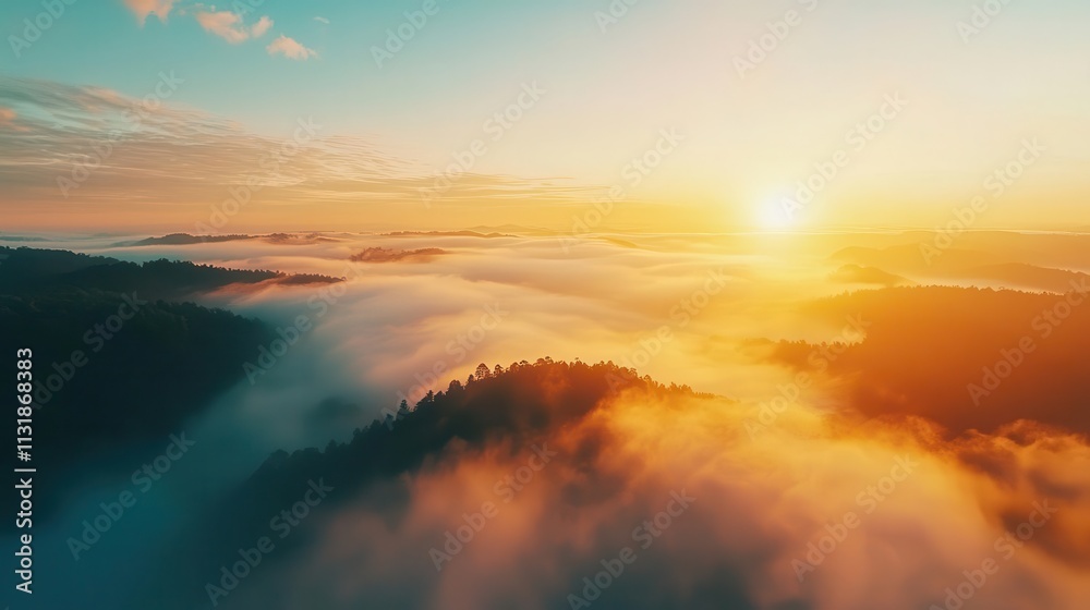 Fototapeta premium Aerial view of wetlands under a misty sunrise, moisturerich ecosystem, vibrant textures