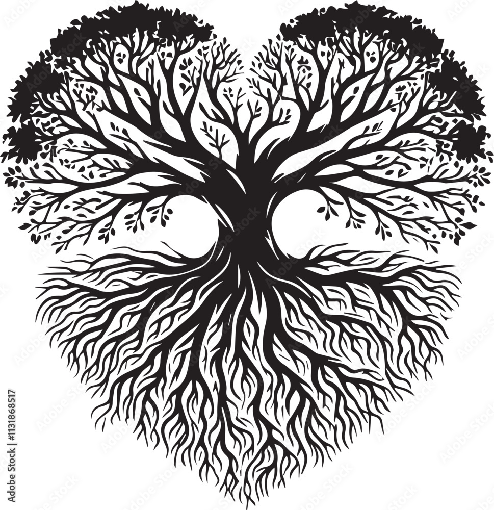 Obraz premium A beautiful tree roots forming a heart shape isolated on white background vector silhouette illustration