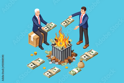 Burning Wealth, An Isometric Design of a Wasteful Businessman Making a Bonfire with Money