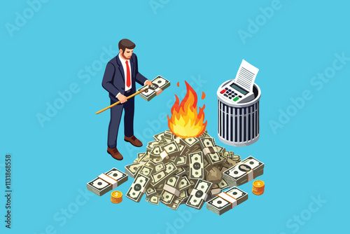 Bonfire of Wealth, An Isometric View of a Businessman Discarding Money in Flames
