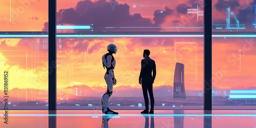 Futuristic Concept of Man and Robot Facing Each Other in a High-Quality Graphic Style photo