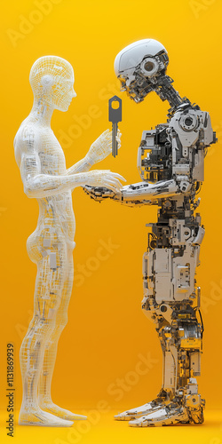 Yellow Background Illustration of Human and Robot Working Together to Assemble a Key photo