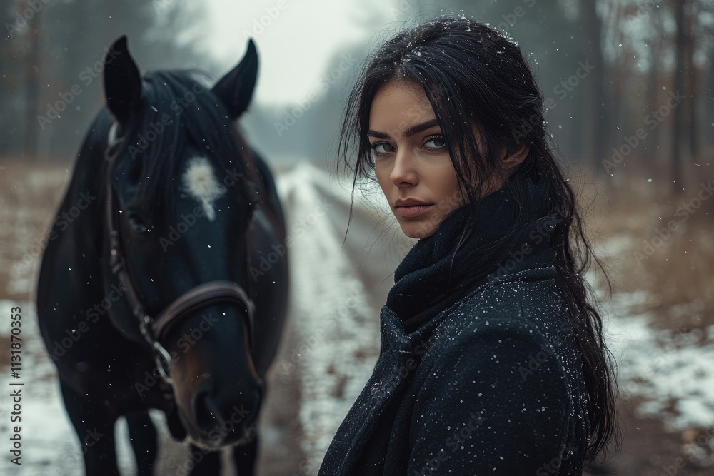 Obraz premium Young woman and her horse enjoying a winter day in snowy forest