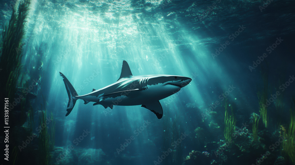 Naklejka premium Graceful Great White Shark Swimming Underwater