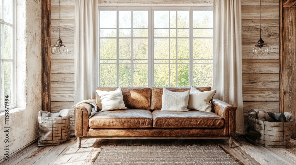 Fototapeta premium Hyperrealistic photo of a stylish living room with a vintage leather sofa, rustic wooden accents, and large windows bringing in soft natural light. The cozy and bright space is styled for a high-end