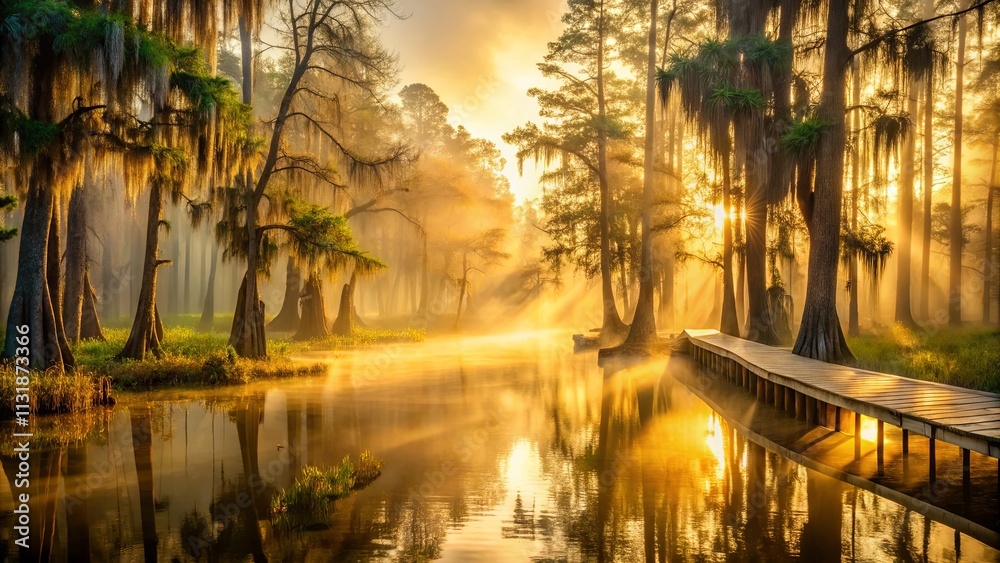 Naklejka premium Golden Sunrise Beams Illuminate Misty Cypress Swamp Boardwalk