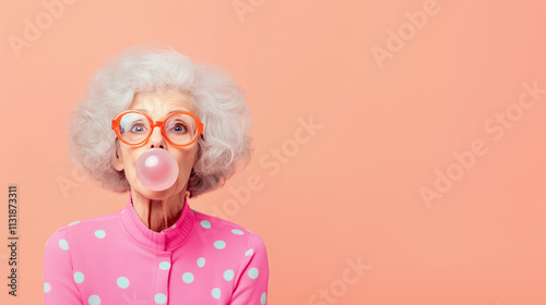 Stylish Elderly Woman With Bubble Gum and Big Hair, Peachy Pink Vibrant Design photo