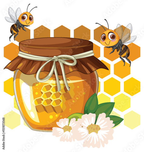Honey Jar with Bees and Flowers