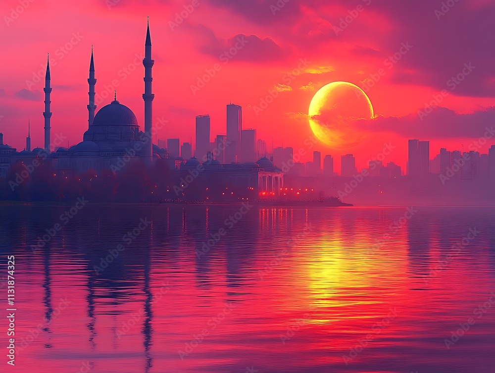 Fototapeta premium Mosque Cityscape Sunset Silhouette Reflecting Water