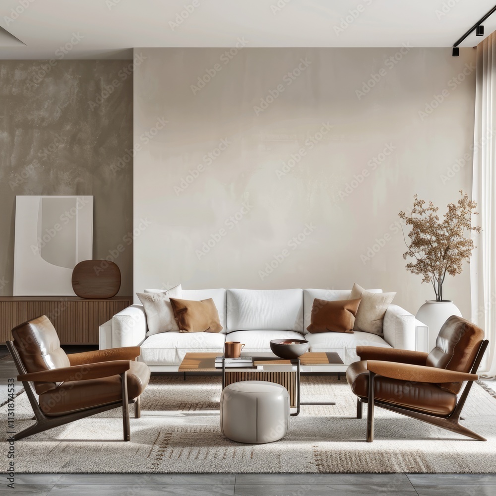 Fototapeta premium Minimalist square living room interior with a white sofa, brown leather armchairs, and mid-century modern design for a cozy layout