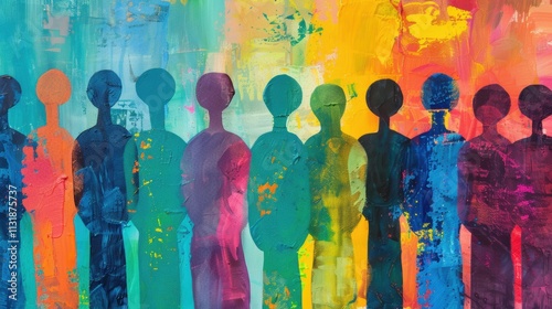 Colorful abstract painting depicting human silhouettes against a dynamic, multi-colored background representing diversity, unity, and artistic expression.