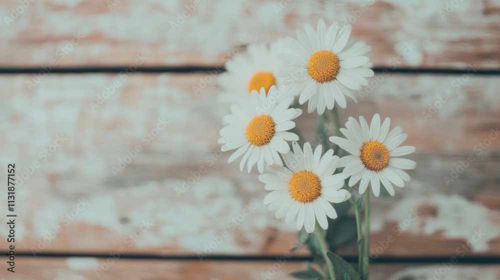 Obraz premium Bright white daisies with yellow centers flourish in front of a weathered wooden wall, creating a natural, peaceful display