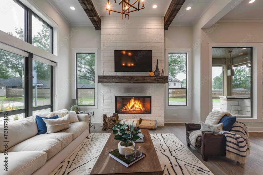 Fototapeta premium Modern living room with cozy fireplace and contemporary decor