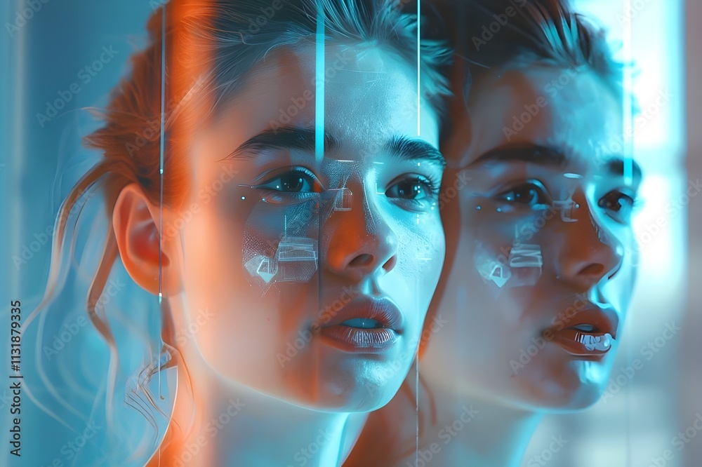 Detailed HD image of a woman transitioning into a virtual character or ...