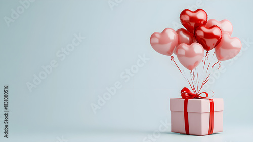 Romantic Gift Box with Heart-Shaped Balloons on Light Background. photo