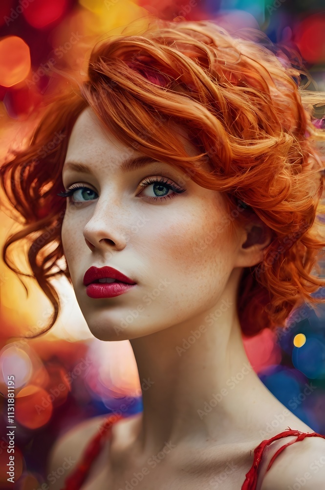 Fototapeta premium Stylish woman surrounded by a colorful cubism backdrop.