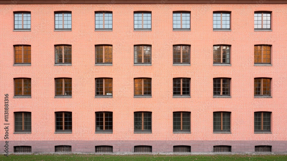 Naklejka premium Brick Building Facade Symmetrical Windows Architectural Design Exterior Wall