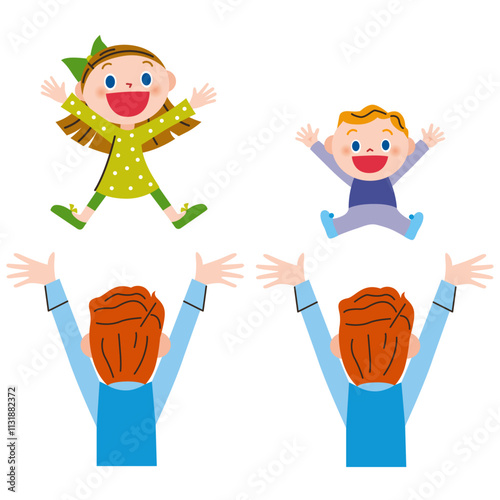 子供をジャンプs褪せて遊ぶ後ろ姿のお父さん