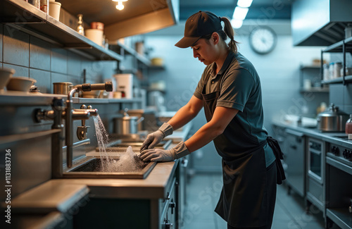 Restaurant worker cleans grease trap system. Pro cleaning tools, methods shown in commercial kitchen. Staff member wears gloves, apron. Modern kitchen environment. Commercial cleaning procedures.