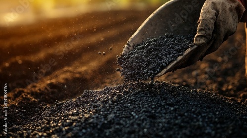 The late afternoon sun casts a warm glow on biochar and soil texture.