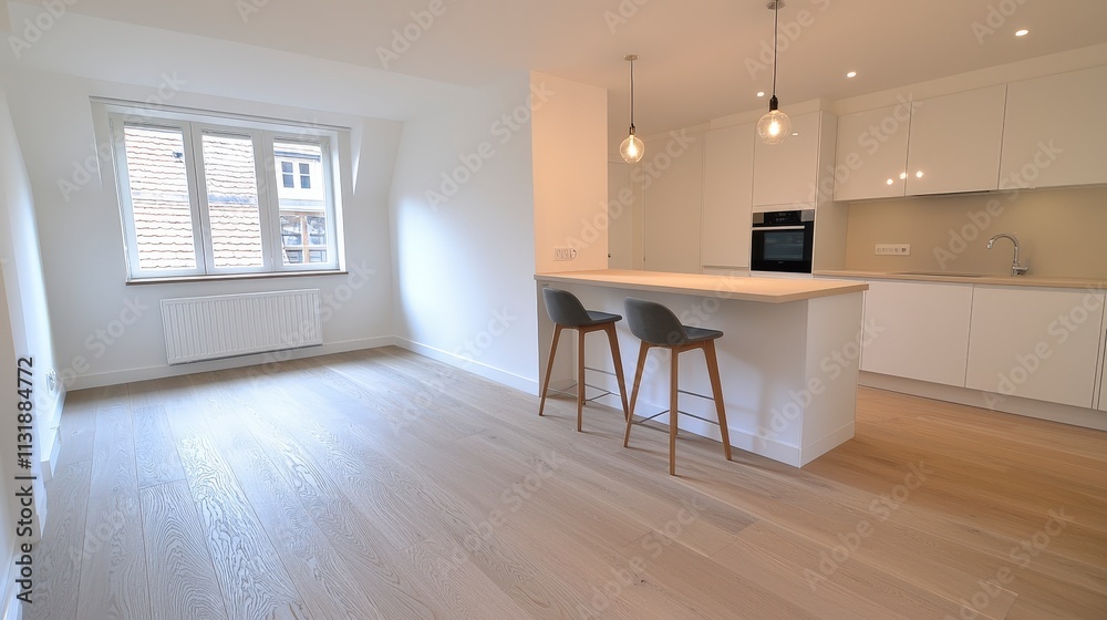 Fototapeta premium Modern Scandinavian Kitchen Light Wood Floor Island Minimalist Design Apartment Interi