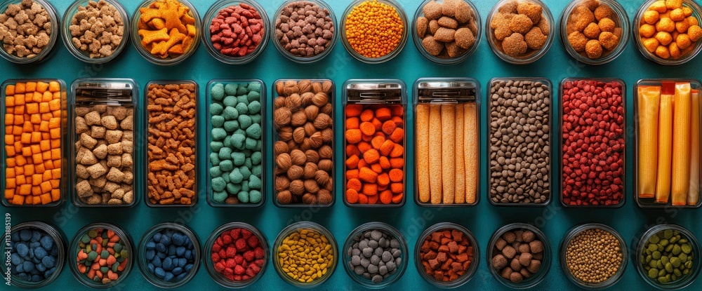 Fototapeta premium Variety of Pet Food in Jars and Containers - Top View