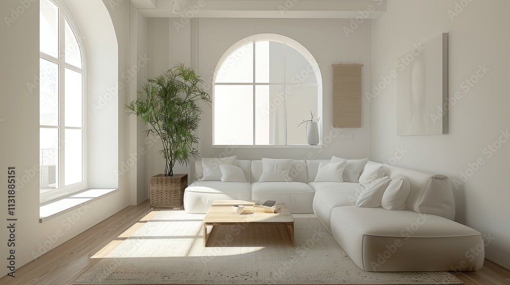 Fototapeta premium Minimalist Japandi living room with white sofa, accent coffee table, and arch wall for a modern and serene design