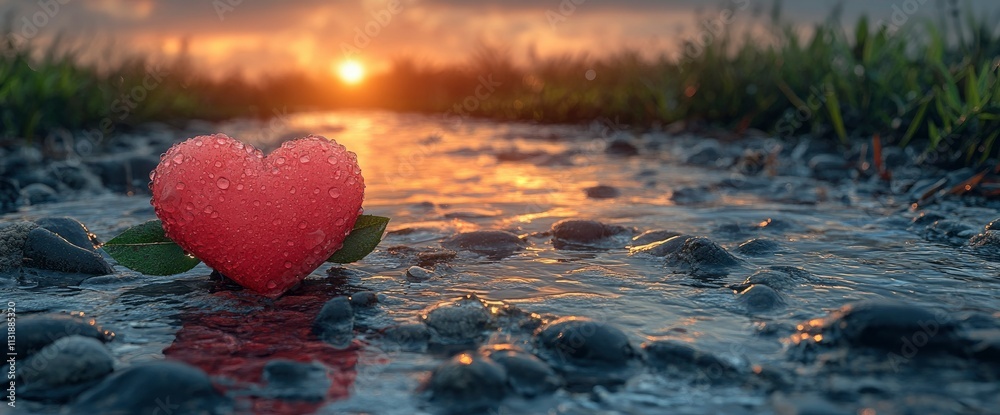 Fototapeta premium Heart Shaped Decoration by a Sunset Stream