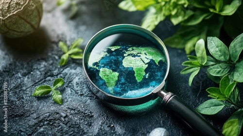 Magnifying glass focusing on a world map amidst greenery on dark stone.