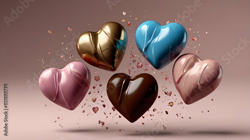 flying heart shaped chocolates 3d render icon Glossy chocolate heart amidst cocoa bits, capturing the essence of romance and sweet cravings pink and gray background,