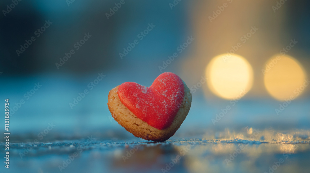 Fototapeta premium Heart-shaped cookie captures the essence of Valentine's Day celebration in a romantic setting
