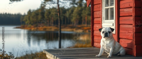 Pug Dog Sitting on Porch of Red Cabin by Lake in Autumn