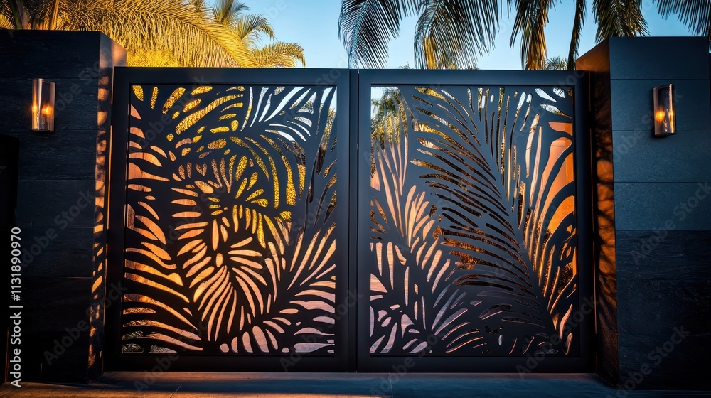 custom made wallpaper toronto digitalDynamic laser-cut metal gate with layered designs, creating depth and shadow play in a striking composition